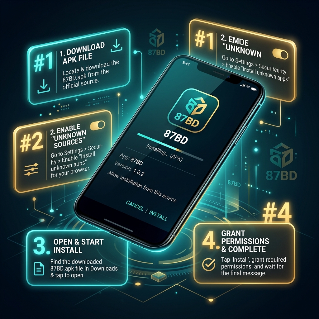 87BD Android app interface shown on a premium smartphone mockup